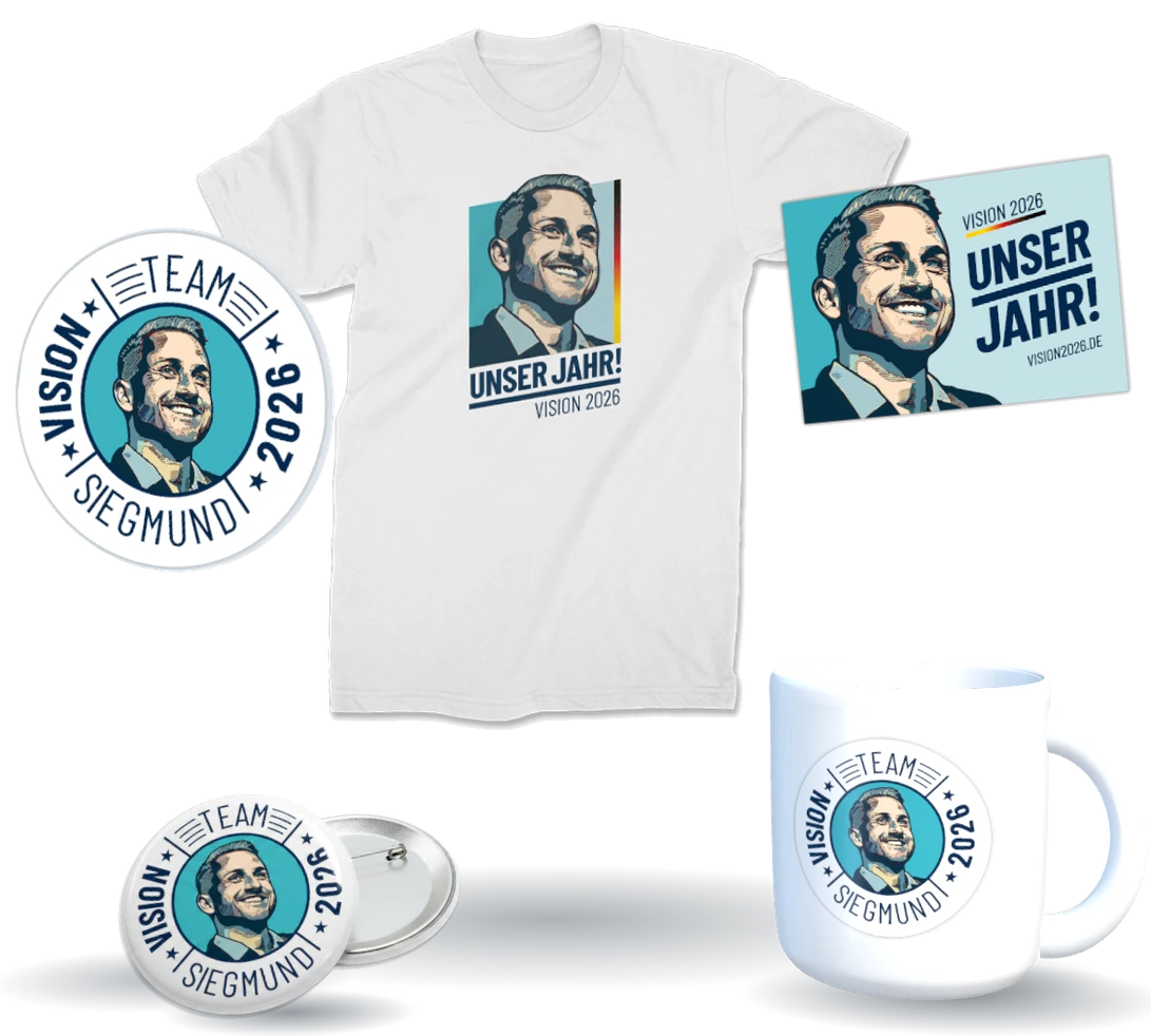Shop-Produkte: T-Shirt, Aufkleber, Buttons und Tasse